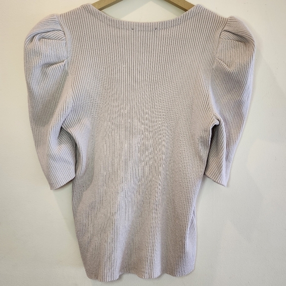 Express Puffed Short Sleeve Ribbed Button Down Beige Sweater Size Medium - Picture 2 of 9
